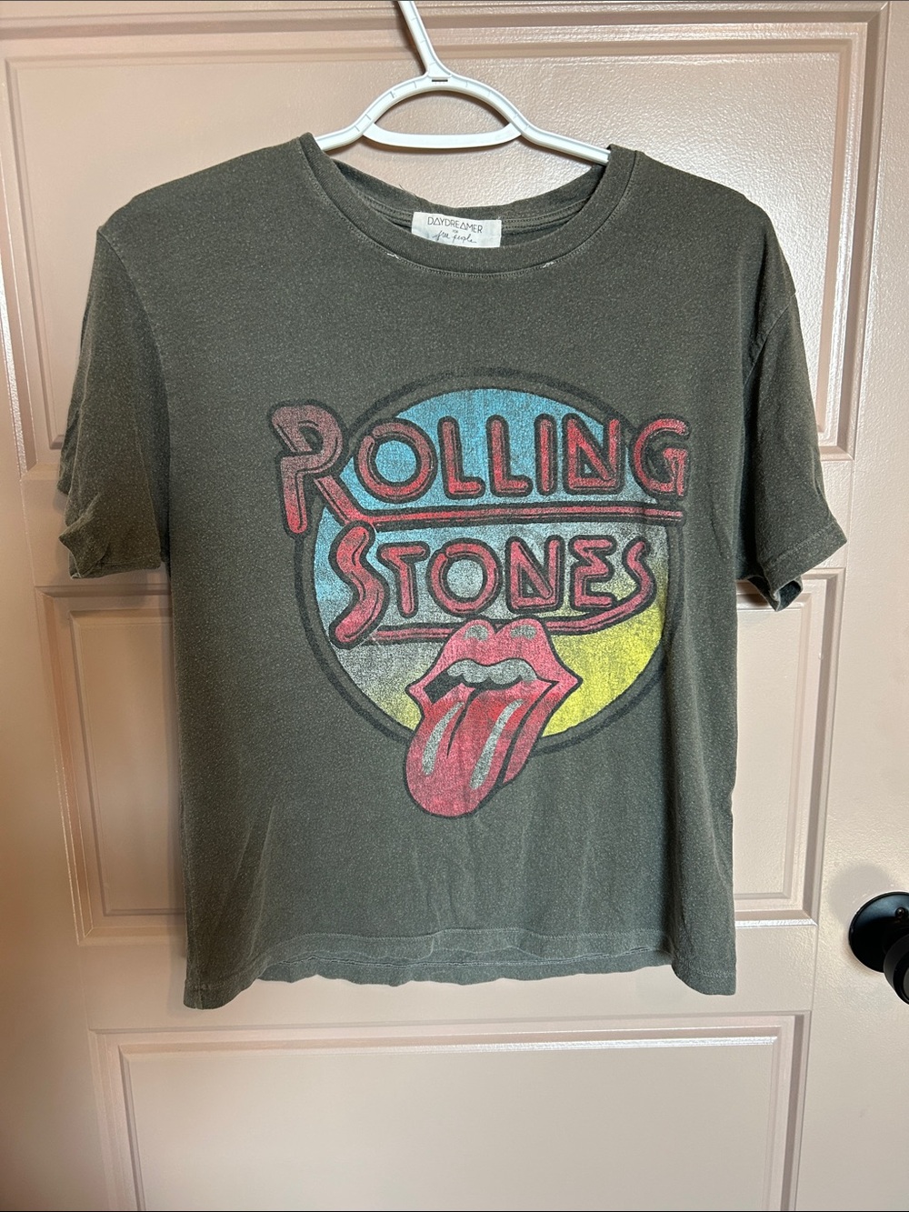 Free People Olive Rolling Stones Logo Tee with Red Blue Yellow Graphic